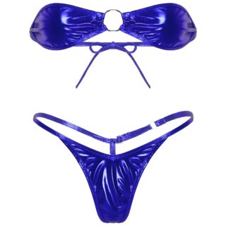 Photo d'un maillot de bain deux pièces irise bleu foncé haut bandeau avec anneau et bas string ficelle réglable sur fond blanc