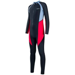 Sur fond blanc, on voit une combinaison de plongée ou un maillot de bain long avec des manches longues, noir et rouge.