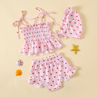 Maillot de bain trois pièces pour bébé fille imprimé coeurs à volants