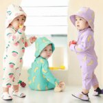 On voit trois bébés qui portent des maillots de bains couvrants anti-uv. Le premier bébé à gauche est debout et porte un maillot beige imprimé banane avec le chapeau assorti. Le deuxième bébé est asis, au milieu, et porte le même maillot mais en couleur verte, le chapeau est lui aussi assorti, enfin le dernier bébé est debout à droite de l'image et porte un maillot de bain violet motif bananes avec le chapeau assorti.