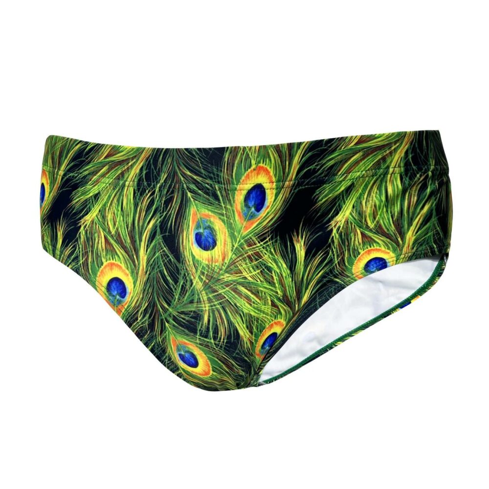 Sur fond blanc on voit un slip de bain vert motif plumes de pan.