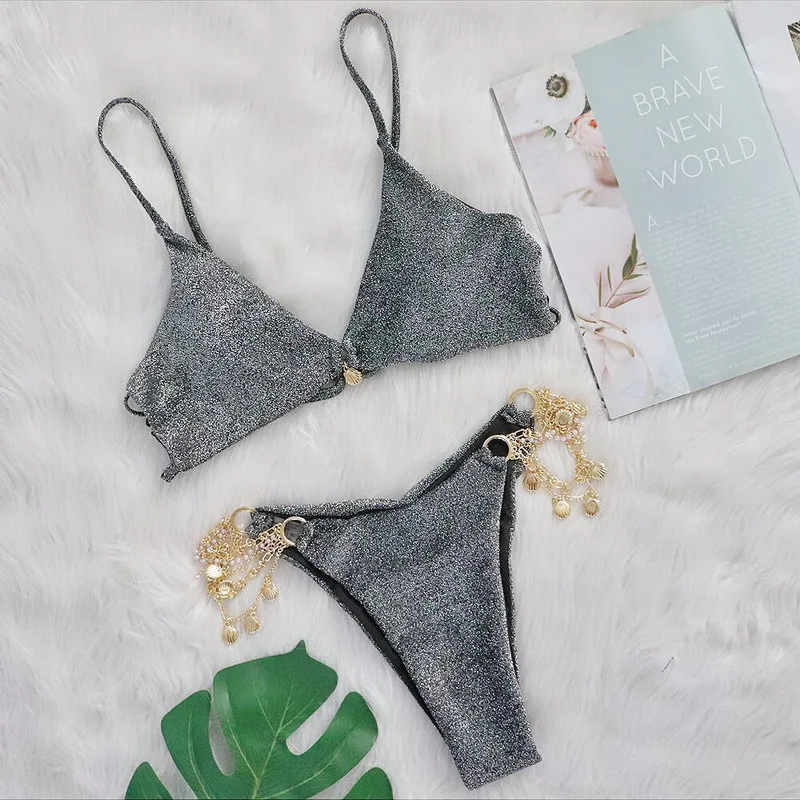Maillot de bain pailleté avec bijoux dorés - Gris, L