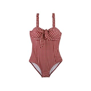 On voit un maillot de bain une pièce sur fond blanc. Il est motif vichy rouge, style vintage.