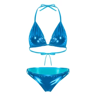 Photo d'un maillot de bain deux pièces dos nu bleu irisé avec culotte taille basse sur fond blanc