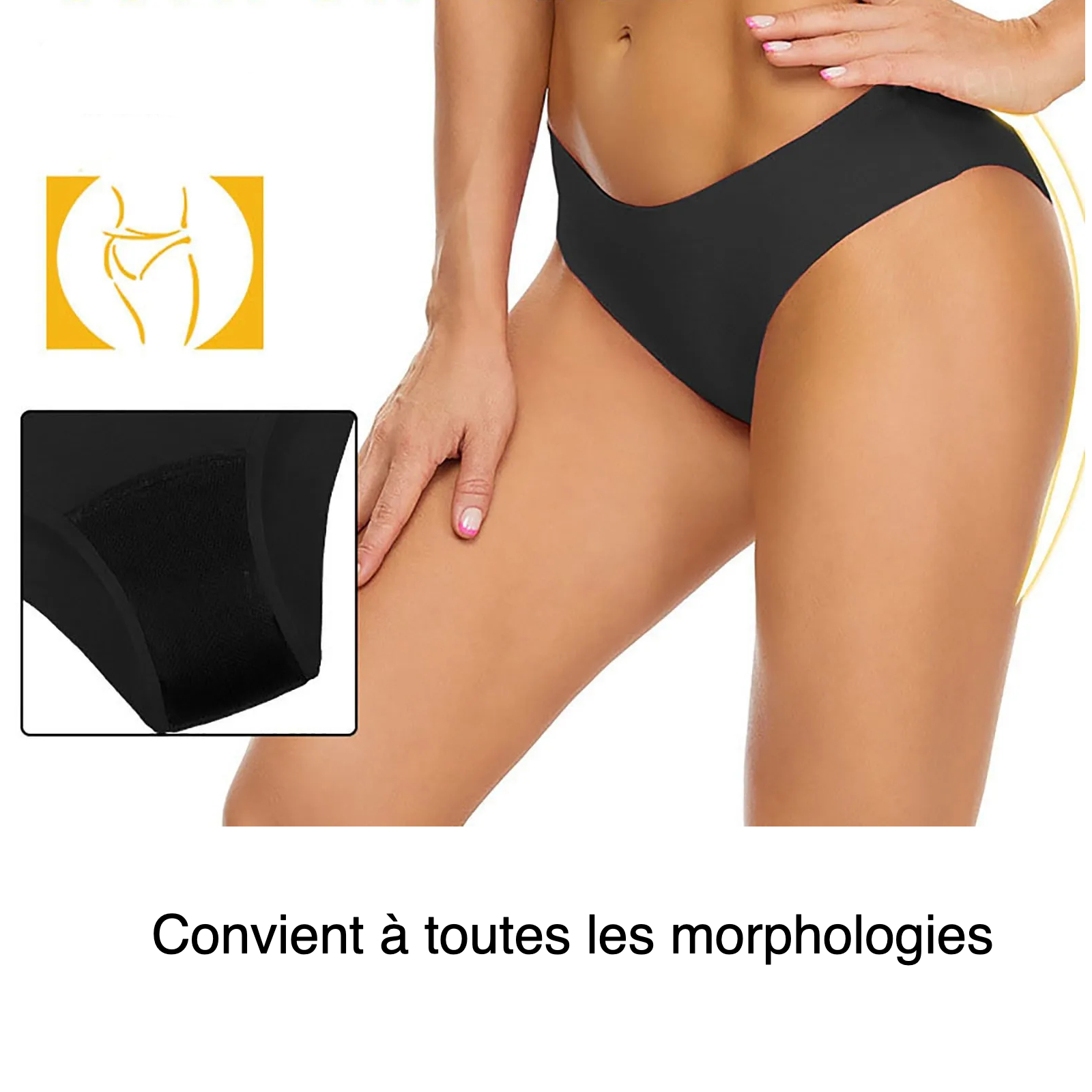 Photo monrant un bas de corps de jeun efille avec un maillot de bain menstruel noir et le bas du maillot sur la gauche