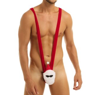 Sur fond blanc, on voit un homme qui porte un maillot de bain borat de noël, avec la tête du père noel à l'entrejambe !