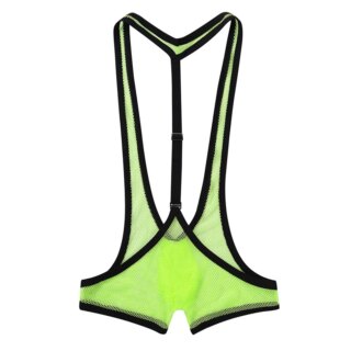 On voit un borat maillot de bain en résille jaune, transparent, très sexy, présenté sur fond blanc.