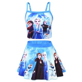 On voit un maillot de bain deux pièces bleu la reine des neiges pour petites filles.