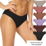 Photo d'un corps de jeune fille portant un bas de maillot menstruel noir et à droite verticalement six maillots de couleur