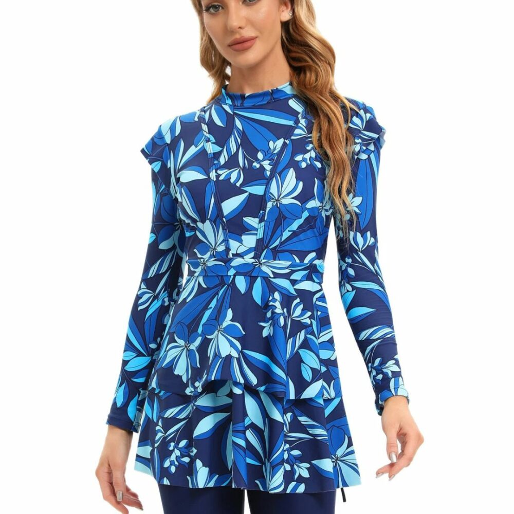 Maillot de Bain Burkini Bleu avec Fleurs