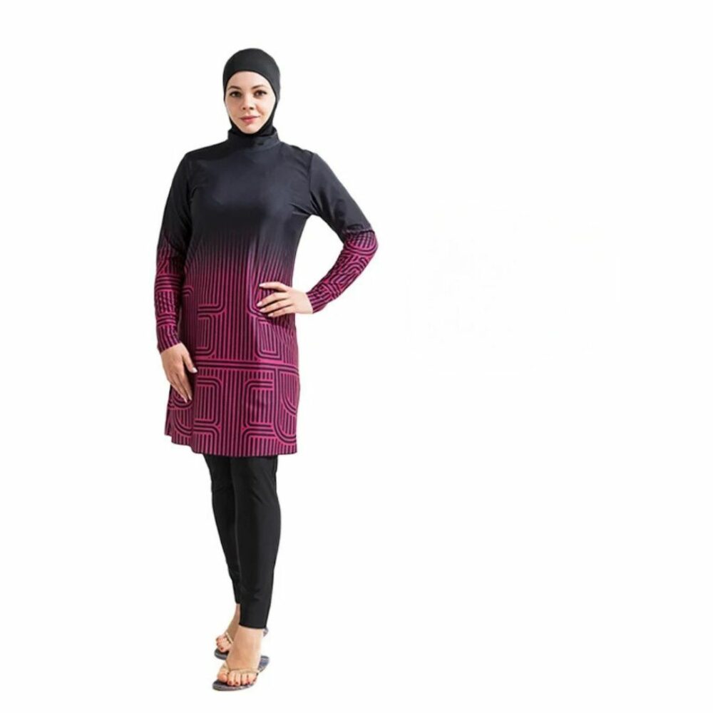 Maillot de Bain Burkini avec Lignes Géométriques sur fond blanc