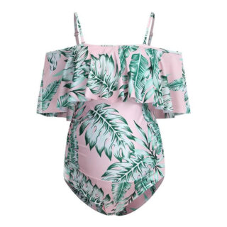 Maillot de Bain Grossesse avec Imprimé de Feuilles sur fond blanc