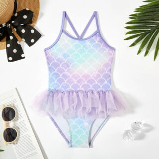 Maillot de Bain Sirène Dégradé à Volants sur fond blanc avec des objets