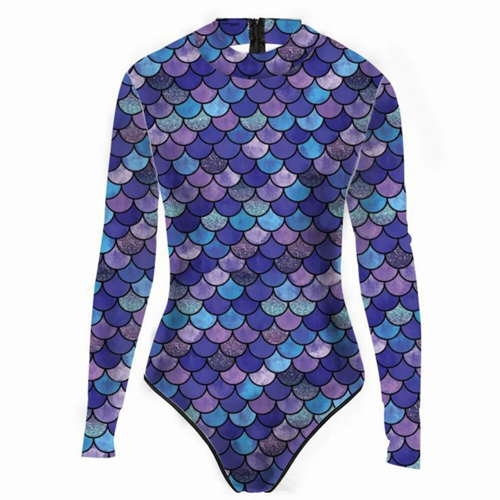 Maillot de Bain Sirène Une Pièce à Manches Longues sur fond blanc