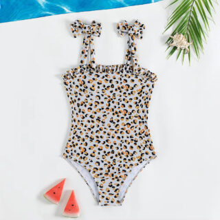 Maillot de Bain Fille au Design Léopard sur fond gris