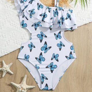 Maillot de Bain Fille à Motifs de Papillons sur fond beige et blanc