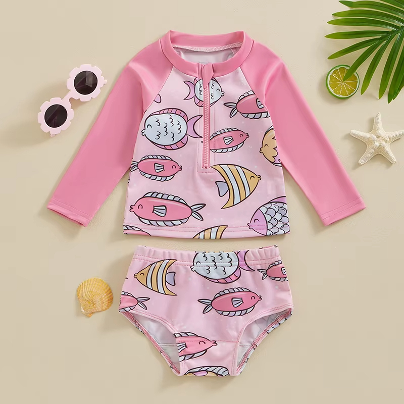 maillot-bain-fille-motifs-poissons2 Maillot de Bain Fille à Motifs de Poissons sur fond beige