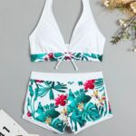 Maillot de Bain Shorty Femme Blanc à Fleurs