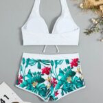 Maillot de Bain Shorty Femme Blanc à Fleurs
