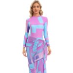 Maillot de Bain Burkini 4 Pièces à Motifs Géométriques sur une femme sur fond blanc