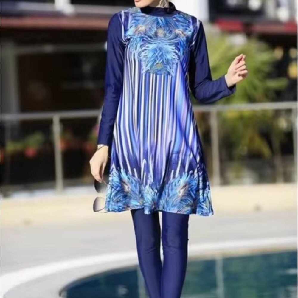 Maillot de Bain Burkini Bleu à Imprimé Moderne