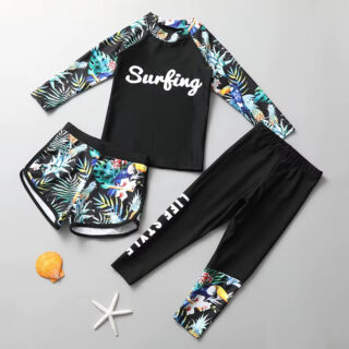 Maillot de Bain Burkini à Motif Tropical pour Enfant sur fond gris