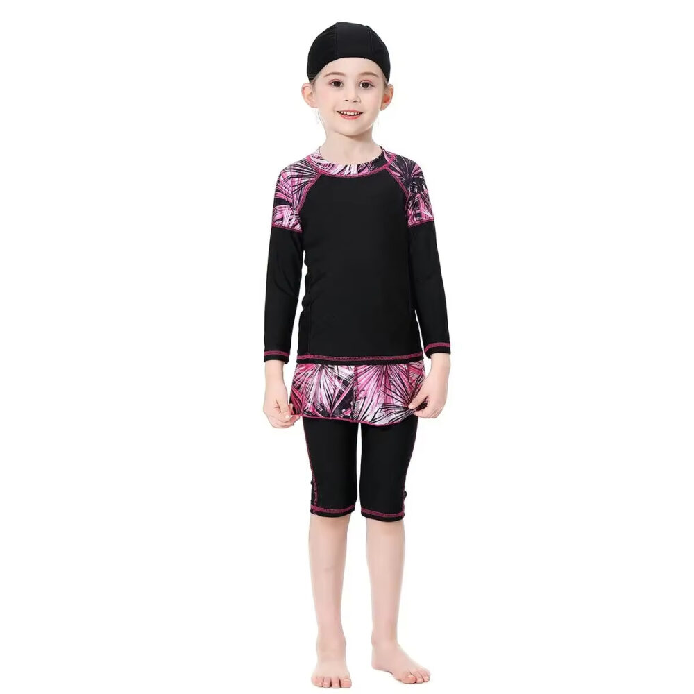 Maillot de Bain Burkini avec Motifs de Feuilles pour Enfant