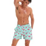 Maillot de Bain Homme à Motifs Flamants Roses sur un homme sur fond blanc